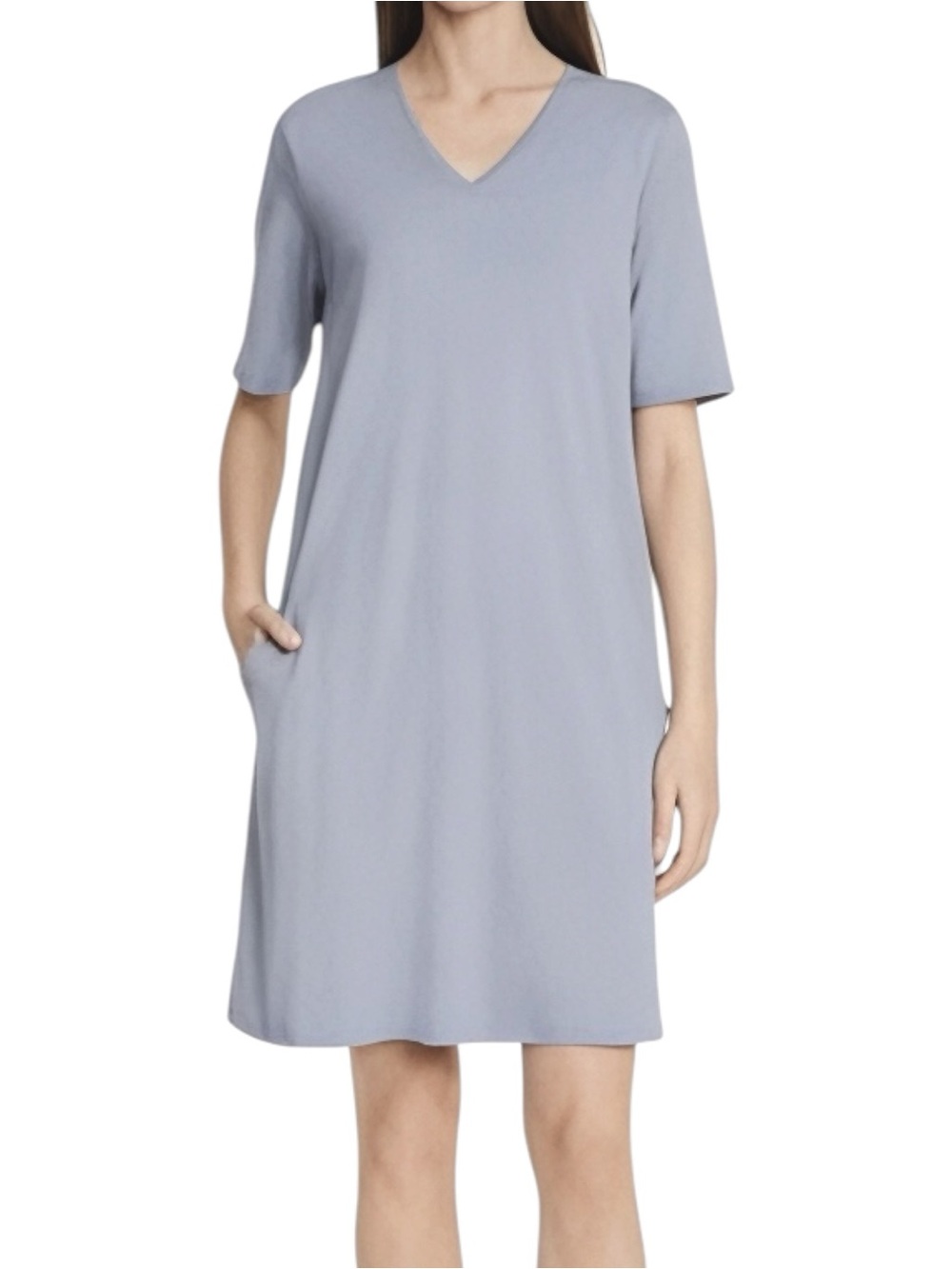 Eileen Fisher Slate Blue V-Neck Short Sleeve Relaxed Shirt Dress